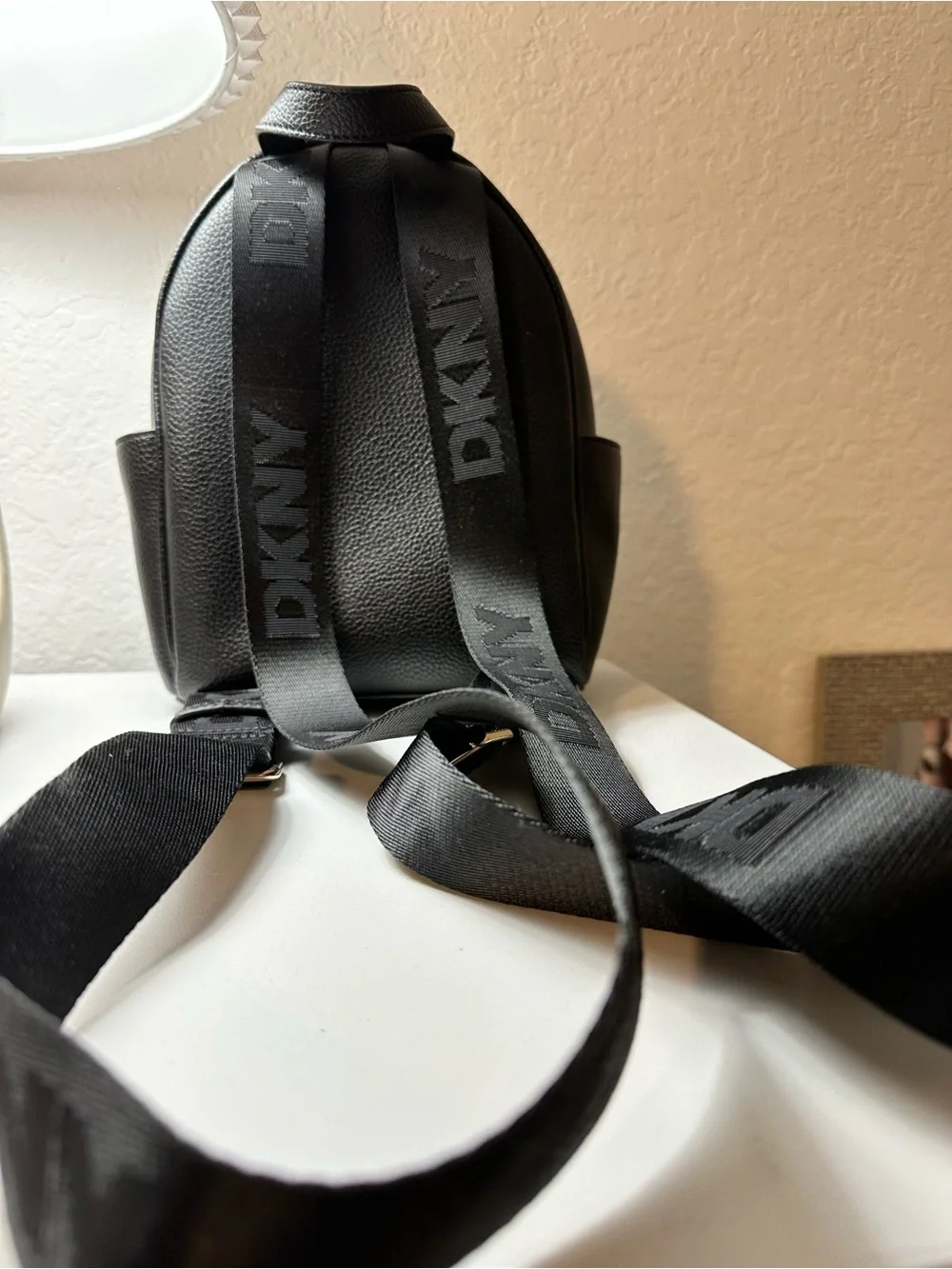 DKNY Black Pebbled Leather Mini Backpack with Gold Hardware - Picture 6 of 7